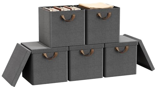 WOLTU Faltbare Aufbewahrungsboxen 5 Stück,mit Deckel,Grau, 33x33x31cm | Stoffboxen，Metallrahmen，Aufbewahrungswürfel für Wohnzimmer, Schlafzimmer, Arbeitszimmer, Mehrzweck,