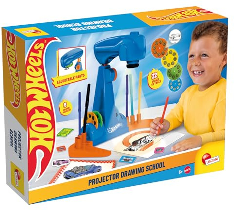 Lisciani - HOT WHEELS Projector Drawing School - Pedagogisk teckningsleksak för barn från 5 år - Kreativt LED-teckningskit - skärmfri aktivitet - finmotorik, kreativitet och konstnärligt uttryck