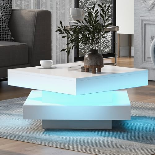 BTM Weißer quadratischer Hochglanz-Couchtisch mit drehbarer Platte - Moderner Techno-Stil mit 16-farbigem LED-Licht, 70x70x36 cm