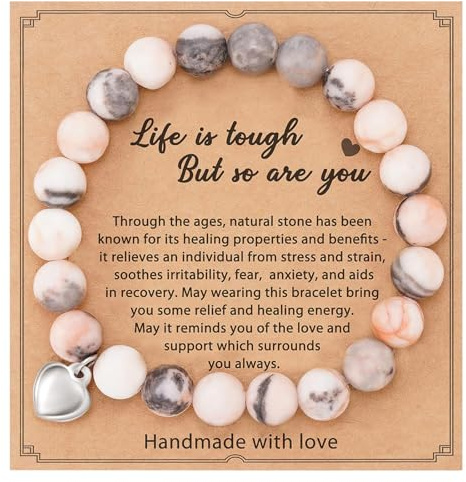Anxiety Bracelet for Women – Natural Stone Healing Beaded Bracelet – Elastic Crystal Pink Zebra Beads with Heart Charm for Stress Relief & Emotional Balance – Inspirational Gift for Teen Girls & Mum