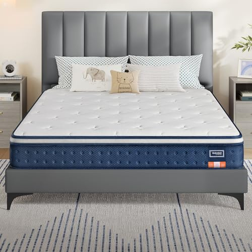 VASAGLE Matelas Double 140 x 190 x 20 cm, Matelas Hybride à Ressorts Ensachés, Mousse à Mémoire de Forme Gel, Soutien Mi-Ferme sur 7 Zones, Bords Renforcés, Housse Respirante, Bleu RMZ213QZ02