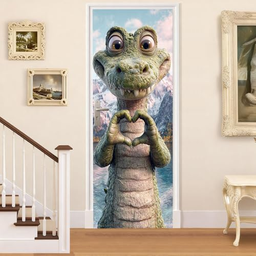 30.31 x 78.74 Inch Door Wallpaper Funny Crocodile Cartoon Animal Mural Wallpaper Peel and Stick Door Cover for Bedroom Kids Room