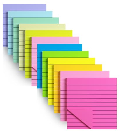 12 blocs-notes adhésifs lignés de 10,2 x 10,2 cm, 12 grands blocs-notes colorés avec adhésif puissant, notes adhésives avec lignes pour la maison, le bureau, l'école et le carnet (100 x 100 mm)