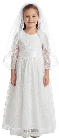 LalaMira First Communion Dress with Veil 3/4 Sleeve Flower Girl Dress Wedding Gown Floral Lace Baptism Christening Party White-8Y