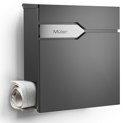 NewHabitat - Briefkasten Munich personalisiert - Anthrazit RAL 7016 | Wandbriefkasten Edelstahl personalisierbar mit Zeitungsfach, Namensschild- & Hausnummer-Gravur, rostfrei & UV-beständig