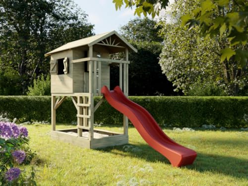 Prestige Garden Braun Grün Stelzenhaus Tree Hut mit Sandkasten, Spielhaus aus Kiefernholz, Kesseldruckimprägniert, Inklusive Leiter und Veranda, Erweiterbar mit Rutsche, 240 x 122 x 50 cm