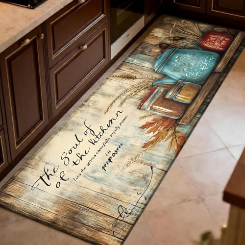 Teppichläufer 50 x 150 cm Gewürze für die Landhausküche Rutschfester und waschbarer Küchenläufer Holzmaserung Kurzflor Küchenteppich für Wohnzimmer, Badezimmer, Flur und Esszimmer