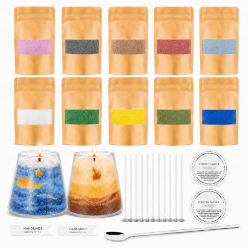 ZaejjaeY Ljussand med veke, set i 10 färger med 2 ljusglas, 10 ljusvekar och skedar, 500 g vaxgranulat för ljus, gör stearinljus, kreativt gör-det-själv-set för vuxna