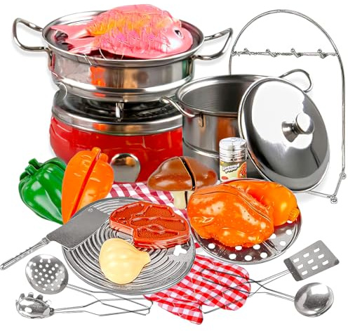 CoolbitzToys Children Toy Stainless Steel Pots Pans Strainer Spatula Pretend Play Kitchen Set for Kids (11 pcs)