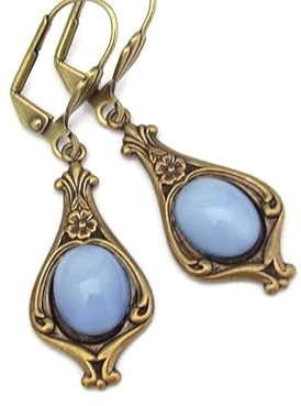 Art Nouveau Earrings Blue Art Glass Cabochons Boho Bohemian Dangle Drop Art Deco Antiqued Gold-tone Brass