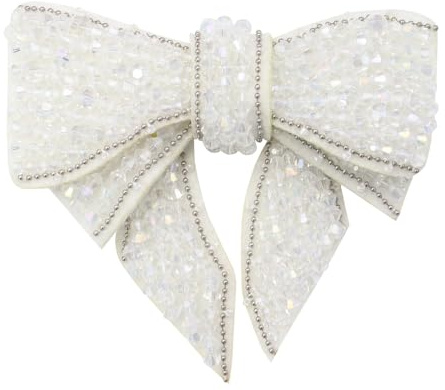 EMDOMO Beaded Bowknot Design Patches Applique Badges for DIY Clothes Collar Tie Shoes Brooches Headband Decorated 1piece (White)