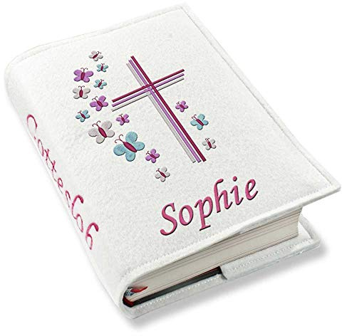 Gotteslob Gotteslobhülle Großdruck Kreuz Schmetterlinge lila pink Filz mit Namen bestickt hellgrau weiß dunkelgrau lila blaugrau dunkelblau türkis maigrün flieder Mädchen, Farbe:weiß