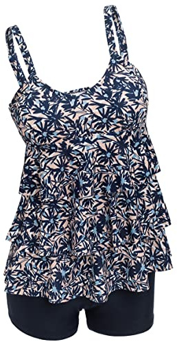 ECUPPER Womens Tankini Sets Swimsuits Ruffled Flounce Printed Swim Tops and Shorts 2 Piece Plus Size Swimming Costume