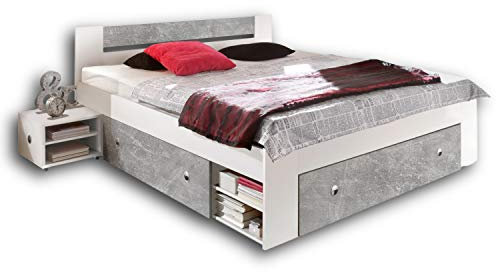 STEFAN Moderne Doppelbett Bettanlage 180 x 200 cm mit 2x Nachtkommoden - Schlafzimmer Komplett-Set in Beton-Optik, Weiß - 185 x 86 x 204 cm (B/H/T)