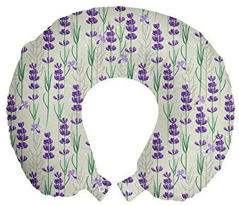 Ambesonne Lavender Travel Pillow Neck Rest, Botanical Pattern with Fresh Herbs Aromatherapy Spa Theme, Memory Foam Traveling Accessory for Airplane and Car, 12, Pale Sage Green Violet