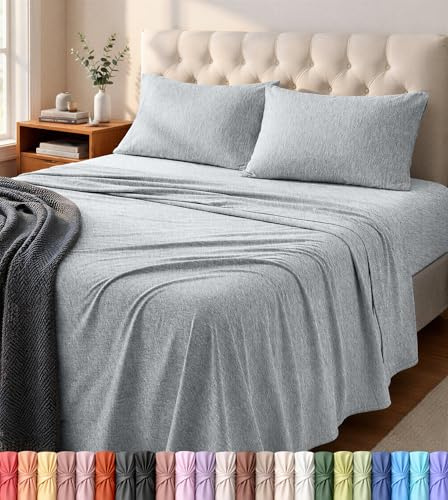 Utopia Bedding Parure de lit 4 pièces en Jersey de Coton pour Grand lit, draps Extensibles Doux (Gris Clair chiné)