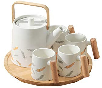 Cerámica japonesa de la tetera conjunto con 4 tazas de té y una redondeada bandejas de madera, 800ml tetera con mango de madera,