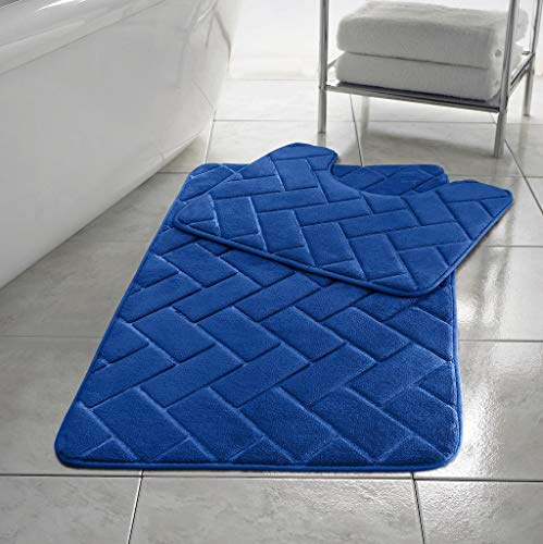 HOMES-LINEN Block Bricks Bath Mat Non Slip Pedestal Set Extra Absorbent 100% Memory Foam Bathroom Toilet Mat Rug (Blue)