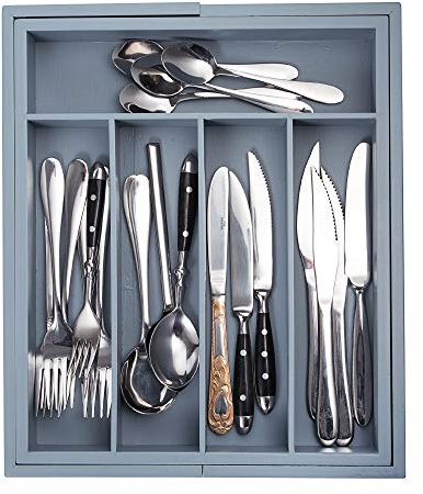 Vencier Cutlery Tray for Drawer - Bamboo Adjustable Cutlery Organiser Tray - Bamboo Cutlery Tray 5 to 7 Compartments (Grey)