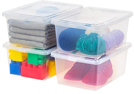 Iris Ohyama, Multi-Purpose Plastic Storage Box, 13L, Set of 4, Transparent, Easy Closure, Stackable, for Bedroom, Kitchen, Office, Bathroom, Clothing, Toys, BPA-Free, CNL-13E