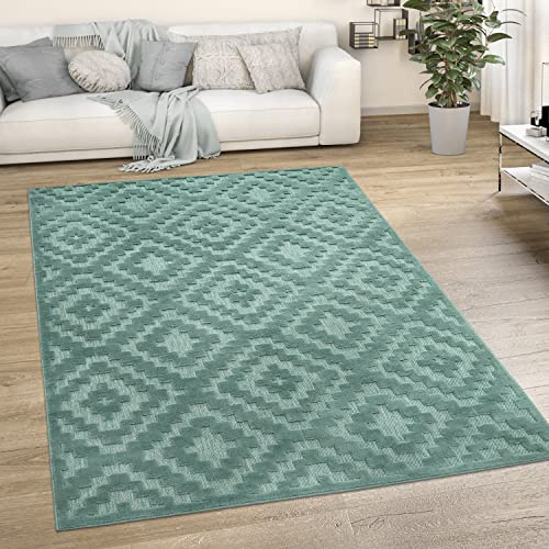 Paco Home Alfombra Salon De Habitacion Cocina Exterior Terraza Jardin Motivo Nordica Motivo Etnica Lisa, tamaño:120x160 cm, Color:Turquesa 2