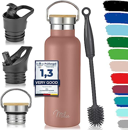 Milu Stainless Steel Drinking Bottle 350ml, 500ml, 750ml, 1l (+3 Lids) - Thermo Bottle with Straw, Water Bottle, for Hot, Cold & Carbonated Drinks (Rose Gold, 500ml)