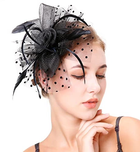 Damen Fascinator Hut Gefieder Stirnband Fascinator Blumen Netz Spitzen Clip Hut Feder Haarschmuck Kopfbedeckung für Party Kirche Hochzeit Cocktail Jockey Club Fascinator Schwarz
