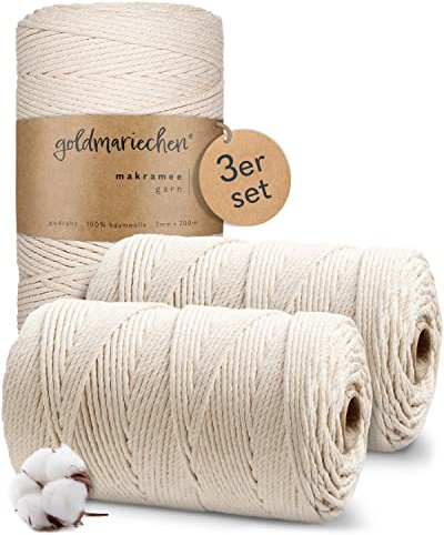 goldmariechen - Makramee Garn 3er Set (Naturell) 3mm x á 200m - 100% Baumwolle Makrameegarn Baumwollgarn für DIY-Deko Wandbehang, Blumenampel, Vorhang, Traumfänger, Schlüsselanhänger, Türvorhang