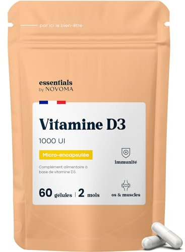 Vitamine D3 2000 UI, Cure de 1 mois, Renforce le Système Immunitaire, 60 Gélules Végétales, Vitamine D D3V® Brevetée et Végétale Micro-Encapsulée, Fabriqué en France, Essentials by Novoma