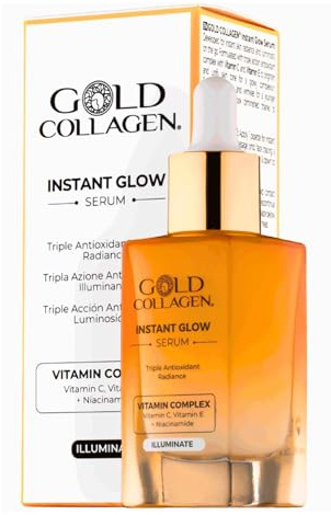 GOLD COLLAGEN Instant Glow - Serum, Vitamin C und Vitamin E, dreifache Antioxidationswirkung, adstringierendes Gesichtsserum, Anti-Falten, für Damen und Herren, mit Niacinamid, Skin Care, 30 ml