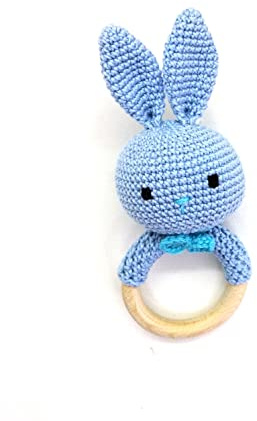 Rassel, Greifling, Beißring Häschen Hase - gehäkelt (Blau-Junge)