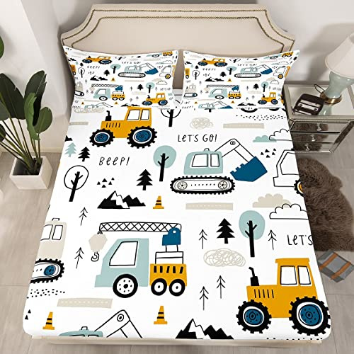 Juego de sábanas de construcción de Coche de Dibujos Animados para niños, Equipo de decoración, camión, Juego de Ropa de Cama de Dibujos Animados, Excavadora, Tractor, Funda de Cama Blanca y Amarilla