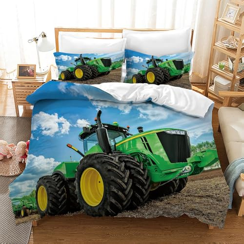 Leleyouzer Housse de Couette Tracteur 135 × 200 cm,Linge de Lit pour Enfants,Housse de Couette en Microfibre avec 2 Taies d'oreiller 50 x 75 cm (Tracteur 4)
