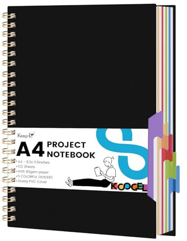 Koogel Notizbuch mit 5 Fächern, liniert, Spiralbuch, Tagebuch mit herausnehmbaren Trennblättern, 200 Seiten, linierte Tagebücher für Frauen, Notizen, Büro, Arbeit, Schule, Geschenke, 21,6 x 29,8 cm
