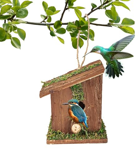 BESCH Nido para Pájaros Pequeños de Madera Natural 12x15x9cm Forma de Casa - Casita de Pajaro Colgante Exterior - Casa Pajaro Jardín
