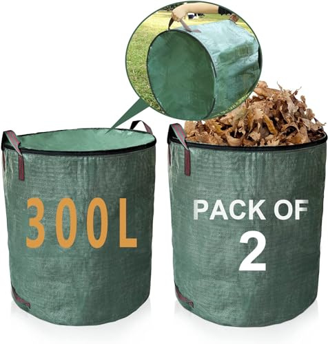 losolese Large Garden Waste Bags with lid and zipper, 300 Litre Waterproof Heavy Duty Garden Leaf Waste Sacks with Handles,Foldable and Reusable,Green, 2 PACK