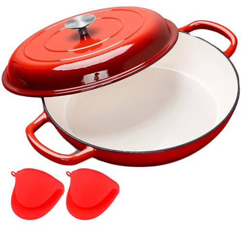 DYHQQ Enameled Cast Iron Dutch Oven Shallow Casserole Braiser 3.5L Dutch Oven Pot with Lid And Dual Handle, Cookware for Gas, Electric & Ceramic Stoves, Cooking & Baking