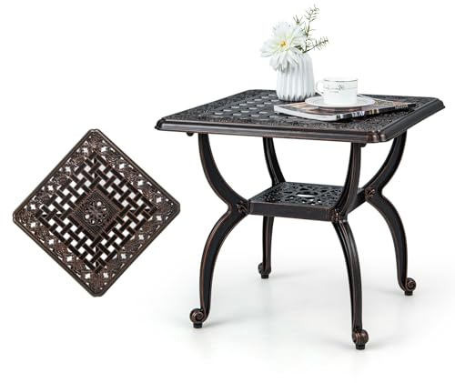 KOMFOTTEU Table de Bistrot Carrée en Fonte d'Aluminium, Table de Patio avec Pieds Réglables, Charge de 90 kg, Table Basse de Jardin avec Trous, 2 Niveau, Style Vintage, 53x 53 x 48 cm