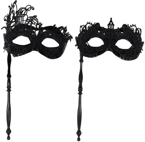 2Pcs Mysterious Masquerade Masks with Stick, Black Masquerade Masks with Lace, Venetian Eye Mask for Women and Man, Mardi Gras Party Mask, Venetian Party Mask for Cosplay Prom Carnival