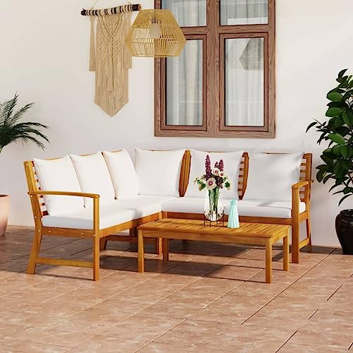 Cozynest Akazienholz Massiv Gartenmöbel 4-TLG. mit Auflagen Lounge Sitzgruppe Sofa Bank Gartenset Sitzgarnitur Ecksofa Mittelsofa Creme