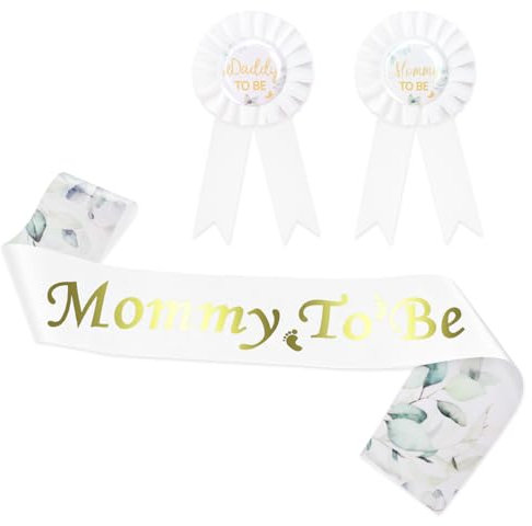 TOPWAYS Babyparty Deko Junge Mädchen Neutral Set, Gender Reveal Party Deko Grün Eukalyptus Mummy to Be Schärpe Daddy to Be Badge für Baby Shower Babyparty Spiele Dekoration