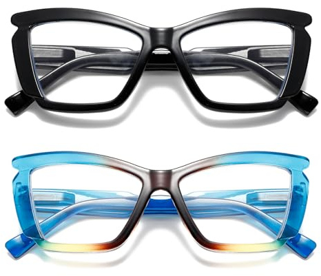 Viseng 2 Paia Occhiali da lettura occhi di gatto montatura grande occhiali anti luce blu alla Moda con cerniera a molla per Donna Uomo 1.5