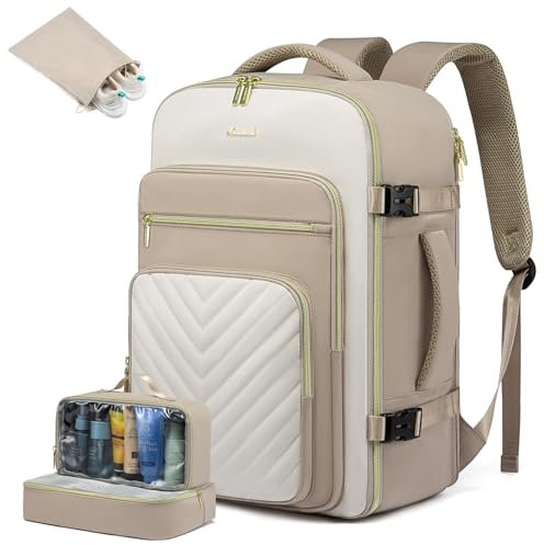LOVEVOOK Handgepäck Rucksack Flugzeug, 50L Reiserucksack Damen Groß, Wasserdicht Laptop Rucksack Damen 18 Zoll mit Laptopfach, Travel Backpack Handgepäck Tasche für Reise Arbeit Business, Beige Khaki