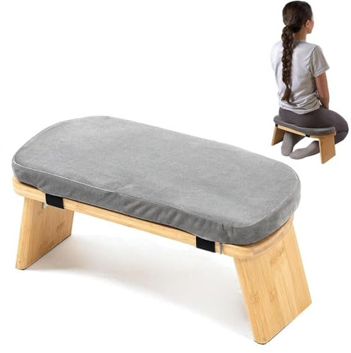 XoTiq Faltbare Meditationsbank, tragbarer Yoga-Hilfshocker mit Kissen, Kniehocker aus Holz, ergonomische Kniebank für Meditation, Entspannung – geräuschloses Zusammenklappen, einfache Aufbewahrung