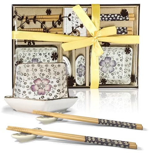 Finsink 6 piezas Juego de platos de sushi para 2 personas blanco morado set sushi de cerámica Usando caja de embalaje de regalo Adecuado como regalo de cumpleaños para amigos o familiares