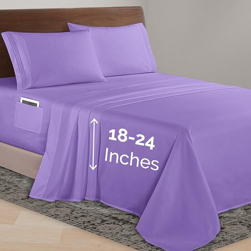 Elegant Comfort Luxurious 1500 Premium Hotel Quality Microfiber 4-Piece Sheet Set, 18-24 Inches Deep - Extra Deep Pocket Sheets - Ultra Soft 4PC Deep Pocket Sheets, Queen, Lavender