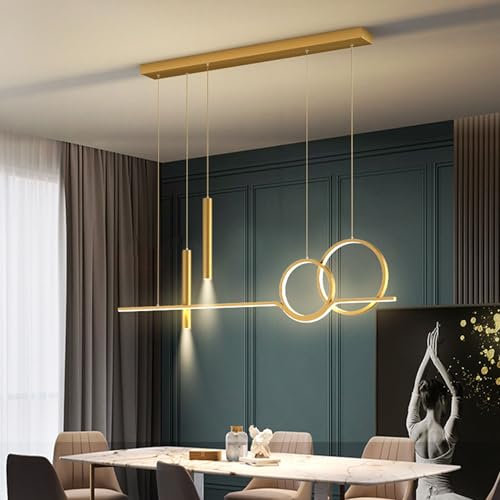 DDYY LED Dimmbar Pendelleuchte Modern 45W Hängelampe mit Fernbedienung Pendellampe Wohnzimmer Modern Kronleuchter Hängeleuchte Esszimmerlampe höhenverstellbar Esstisch Esszimmer Wohnzimmer (Gold)
