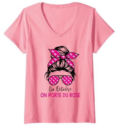 Femme Cancer du Sein Octobre Rose Ruban Femme en Octobre on Porte T-Shirt avec Col en V