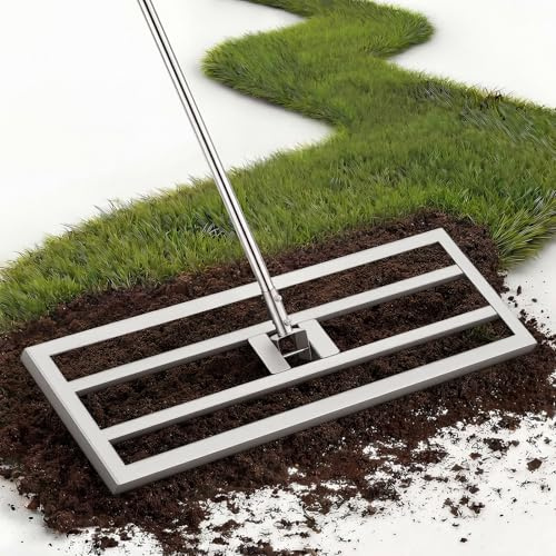 YODOLLA Lawn Leveling Rake, Stainless Steel Lawn Leveller Heavy Duty,Level Lawn Tool Adjustment Length Handle 195 x 75×25cm,Golf Field, Garden, Level Soil-Silver