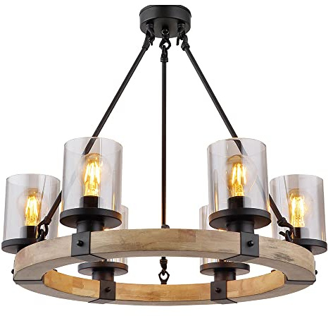 Kronleuchter Esstisch Pendellampe schwarz Holz Schlafzimmerlampe Glas 6-flammig, Metall, 6x E27 Fassungen, DxH 59x98 cm
